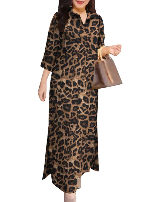 Lapel Neck Leopard Dresses