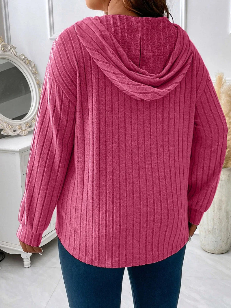 Plus Size Top V-neck Hooded Long Sleeved