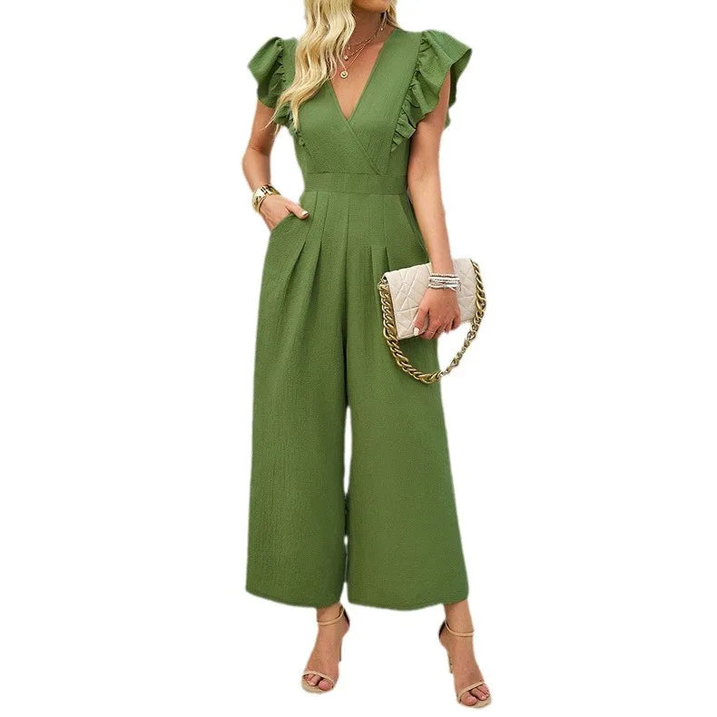 V-neck Flying Sleeves High-waisted Wide-leg Pants Jumpsuit