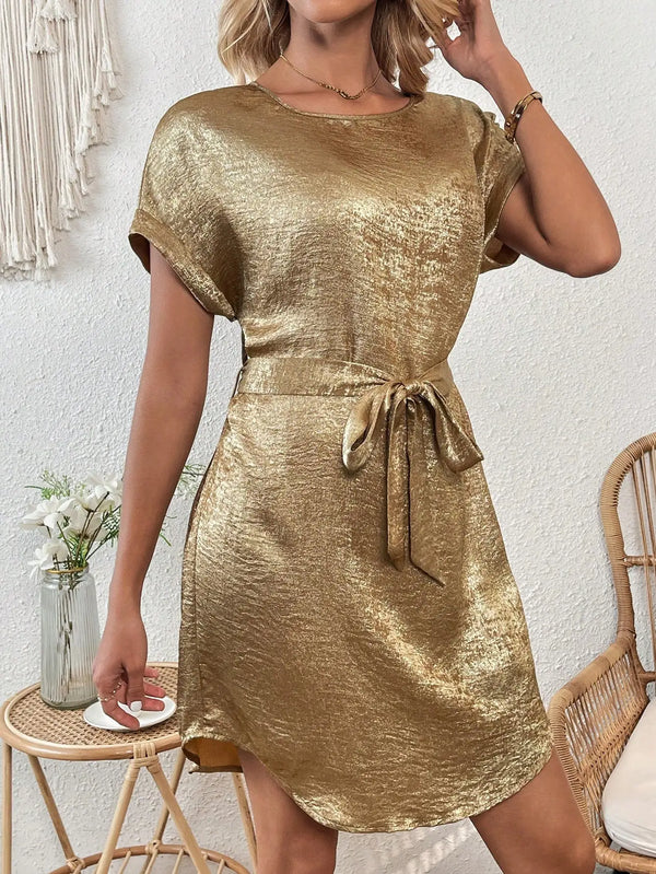 Dress Elegant small, round neck, short sleeve, belt casual