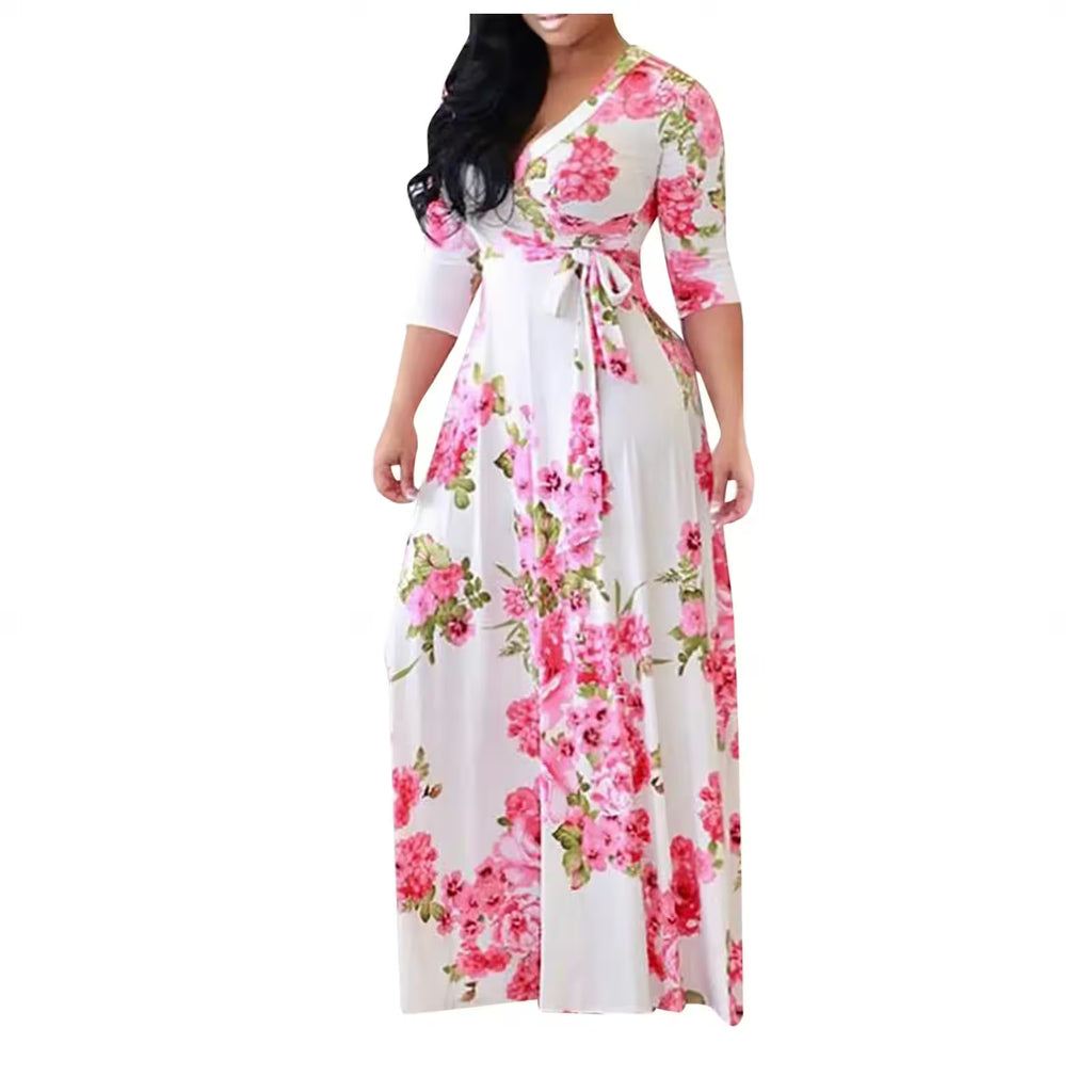 Dresses - V Neck Short Sleeve Floral Midi Dress Sexy