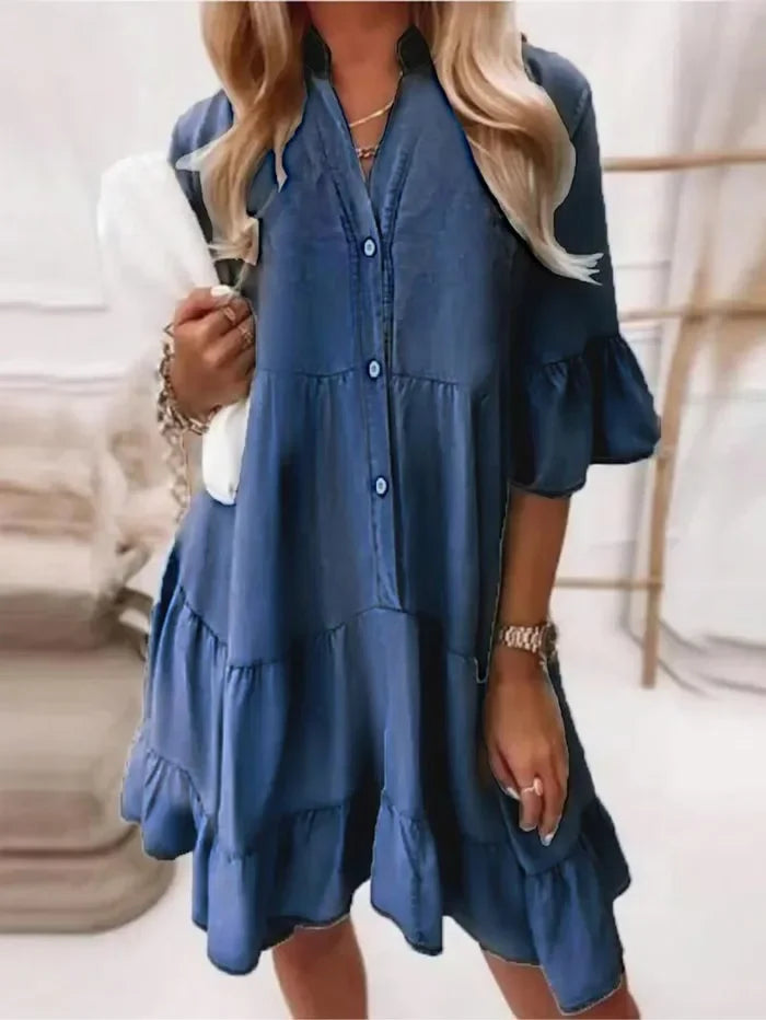 Women's Cotton Mini Dress with Ruffled Half Sleeves - Single