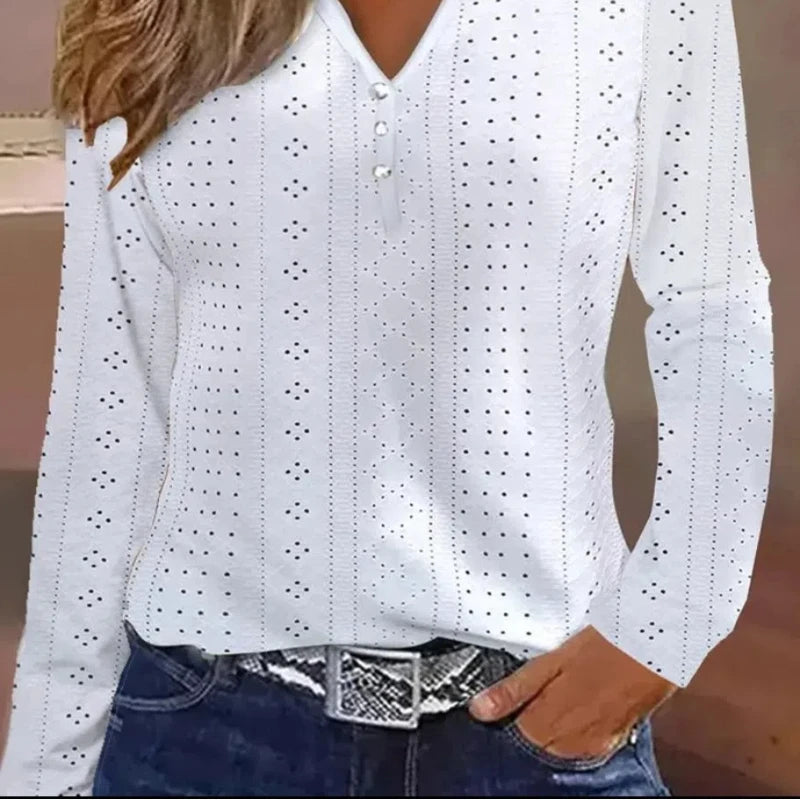 Long Sleeved V-neck Solid Color Patchwork Shirt