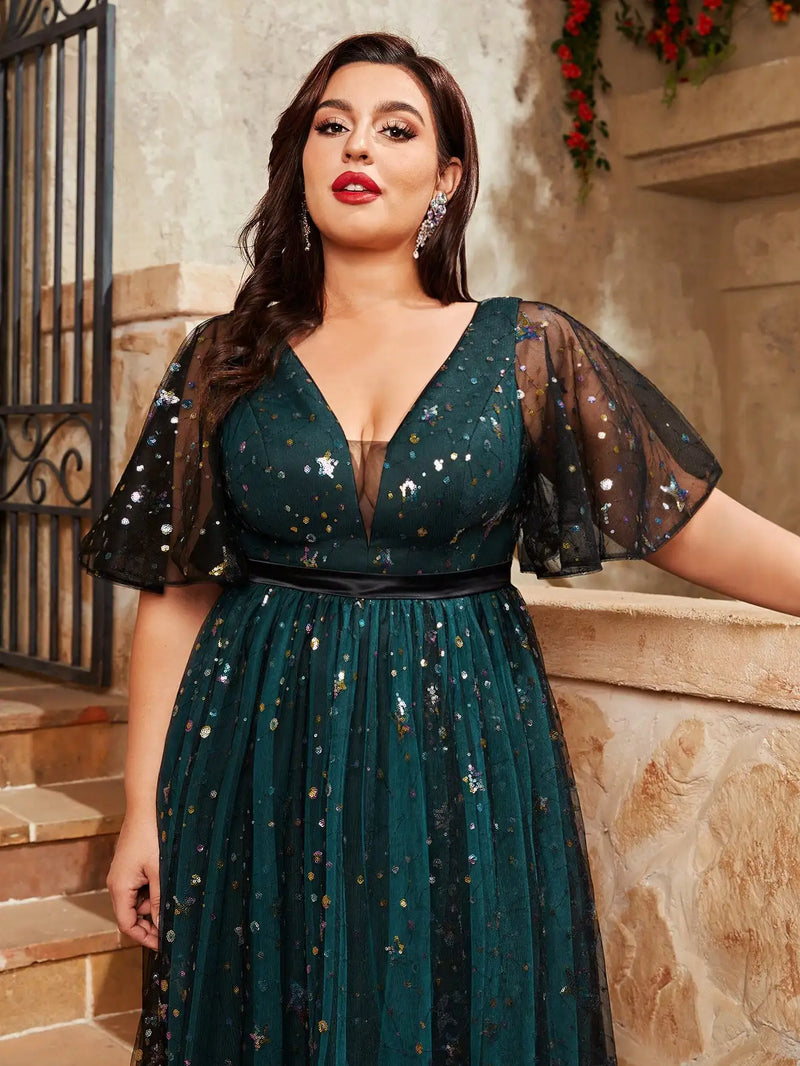 Plus size V-neck sequin embroidered Party dress