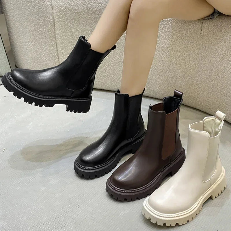 Leather Platform Short Boots Slip Elastic