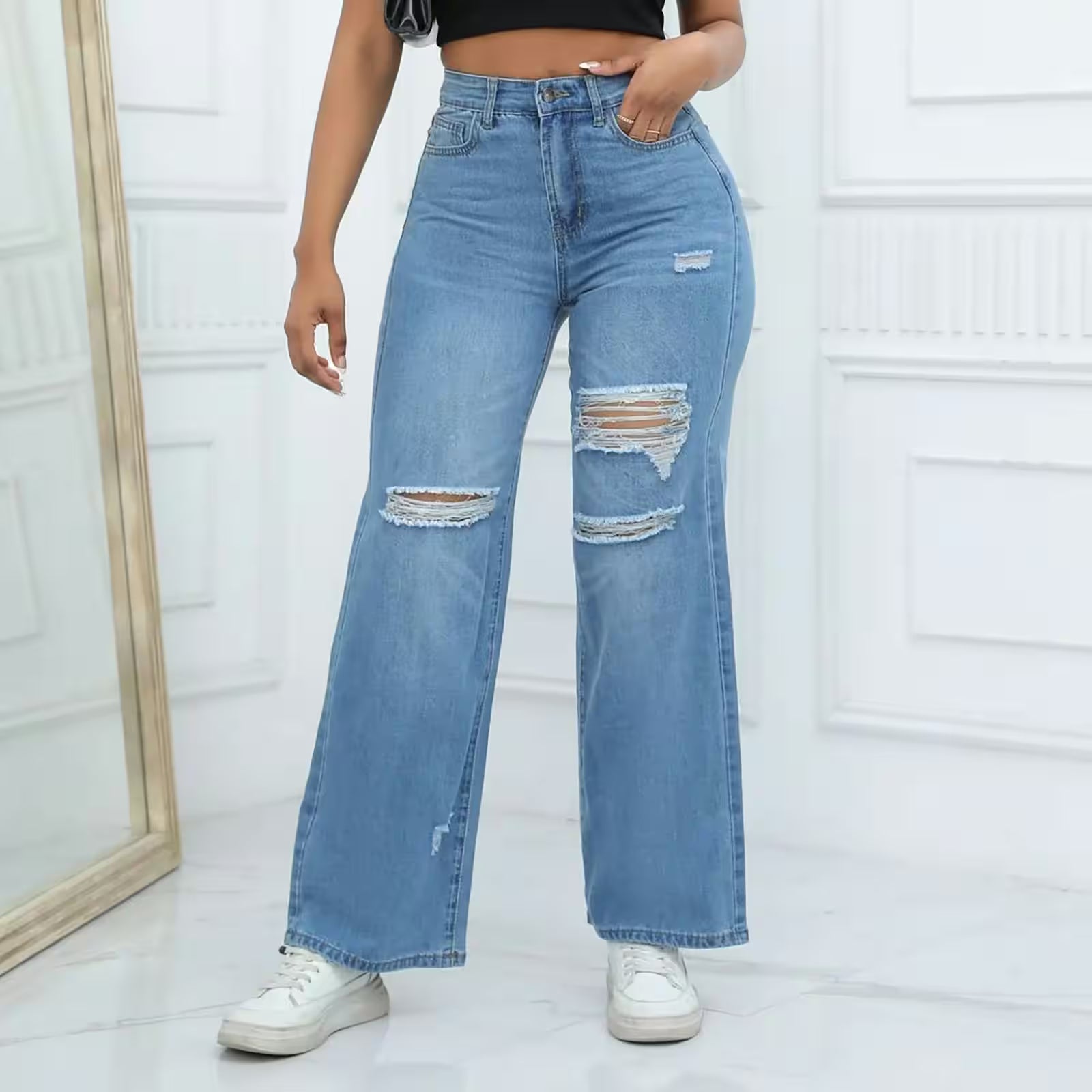 Jeans Draping Straight Leg Stretch Hole - Additional View 6