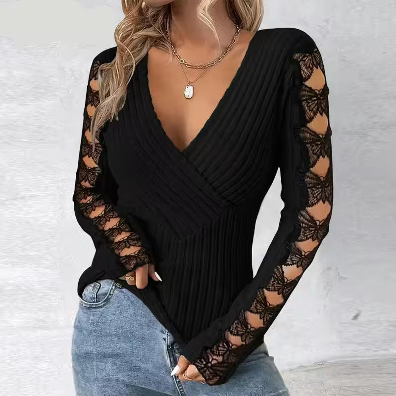 Tops - Deep V Neck Wrap Lace Basic Blouse Top