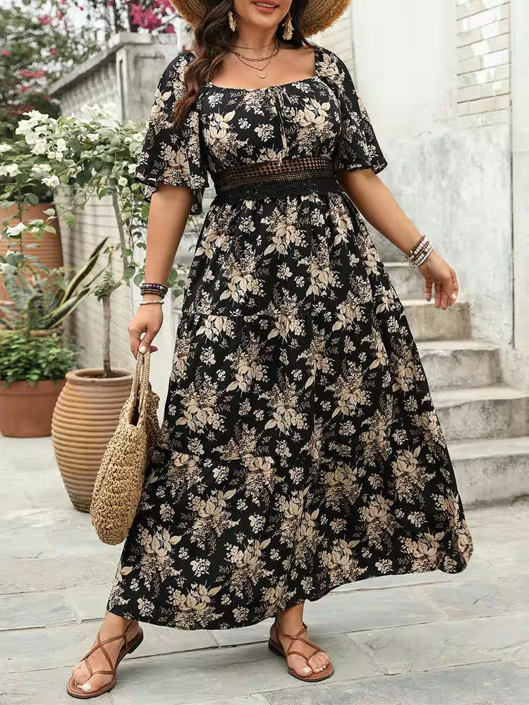 Plus Size Square Neck Floral Print Maxi Dress - Women's Fashion - View 4