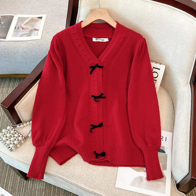 Plus Size Bust 150kg Spring  Loose V-Neck Bow Sweater