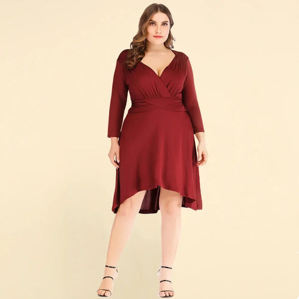Plus Size V-Neck Waist-Fitted Pleated