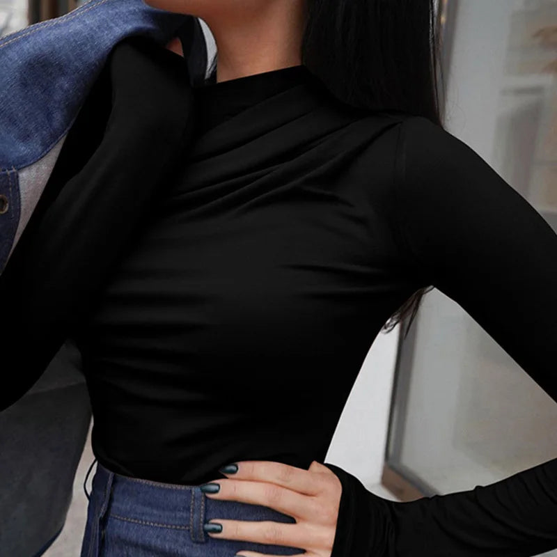 T-Shirts Basic Crop Top Autumn Pollover Solid Skew Neck