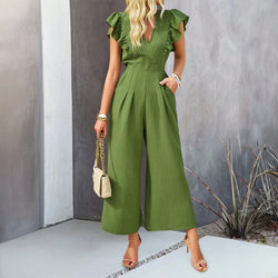 V-neck Flying Sleeves High-waisted Wide-leg Pants Jumpsuit