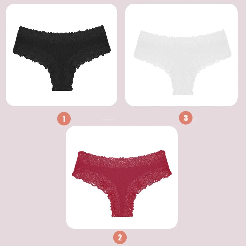3PCS Lace Seamless Cotton Panties Ribbed Brazilian