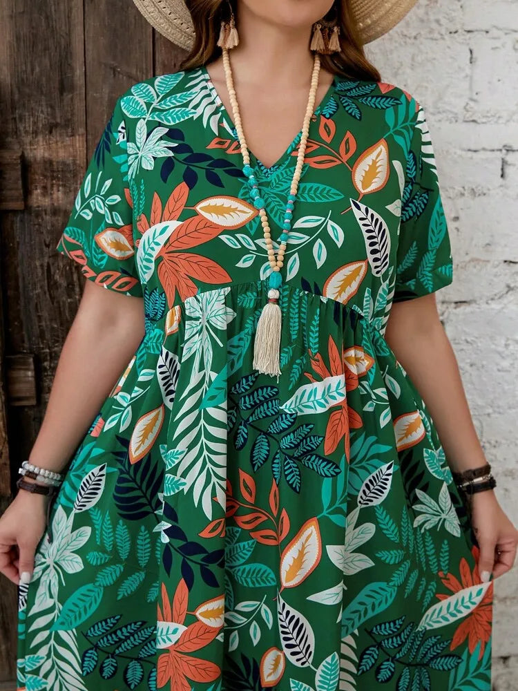 Plus Size Dress Spring New Printed V-neck