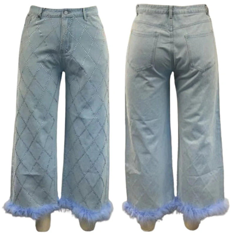 Jean Light Blue High Waist Drilling Straight