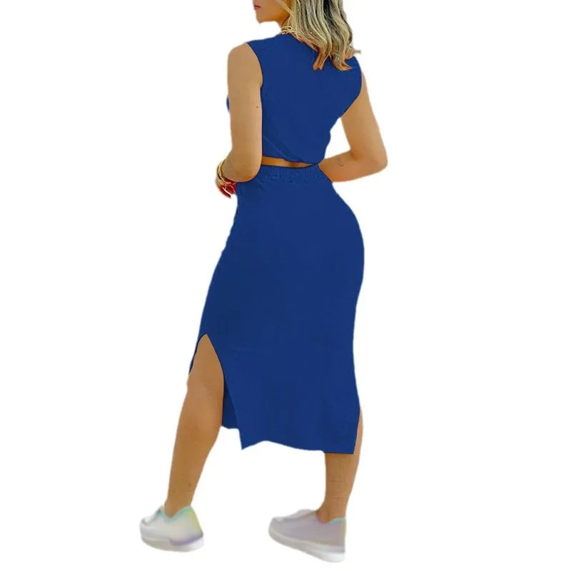 Skirt Set Solid Round Neck Short Sleeveless Top