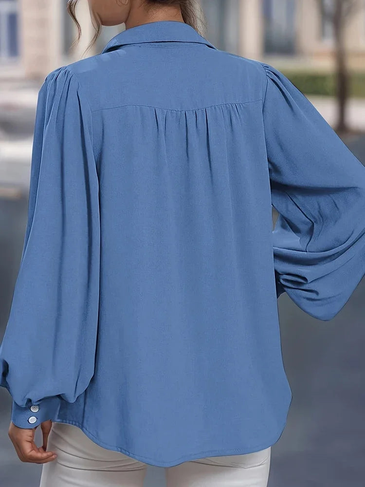 Plus Size Front Open Button Lantern Sleeve Casual