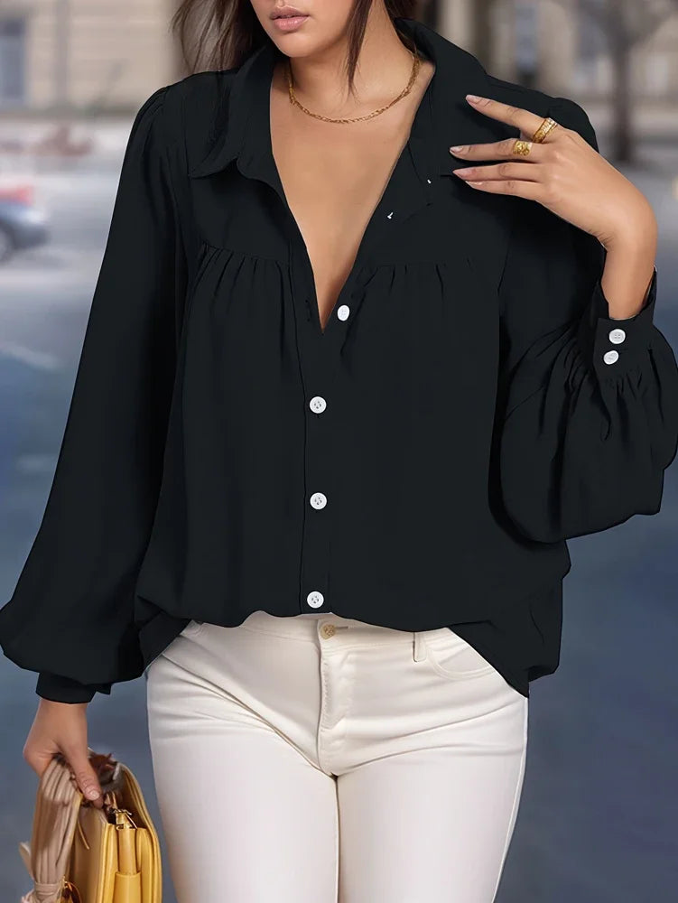 Plus Size Front Open Button Lantern Sleeve Casual