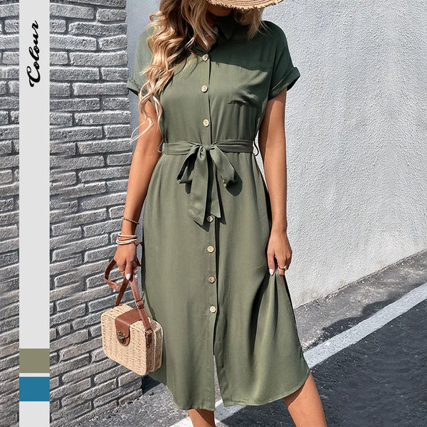 New Style Shirt Lapel Lace Solid Color Dress