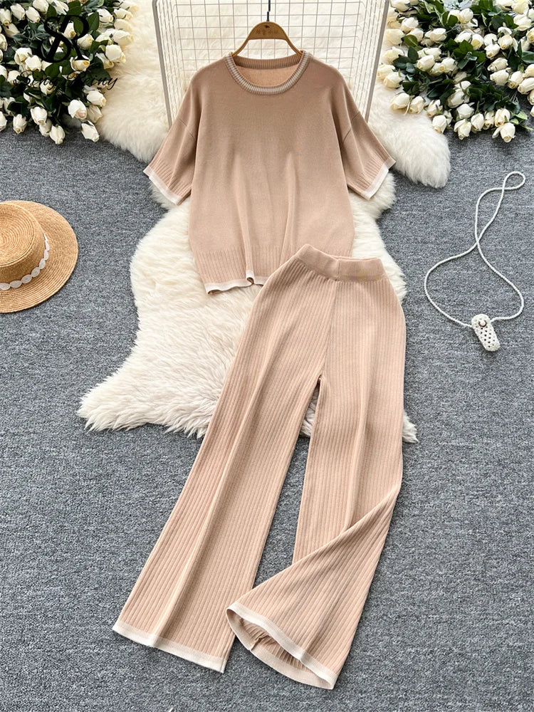 Short Sleeves Loose Top+High Waist Wide Legs Pants