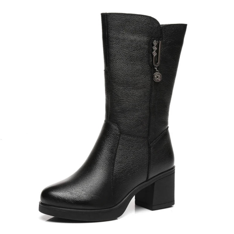 Genuine leather mid calf boots