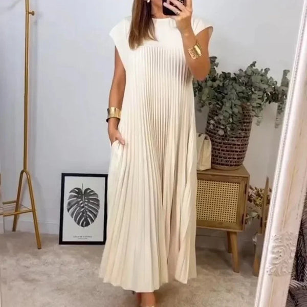 Dress fashion O-Neck Sleeveless Pleated Maxi