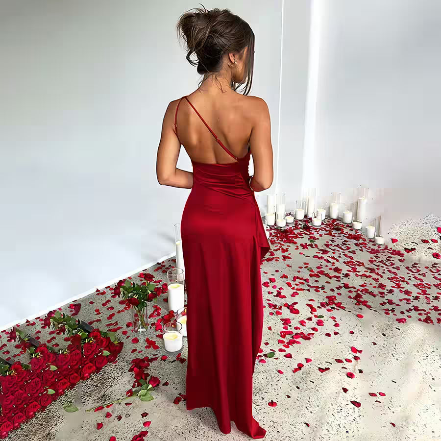 Sexy Slimming Slant Shoulder Split Satin Dress - Women's Fashion - View 11