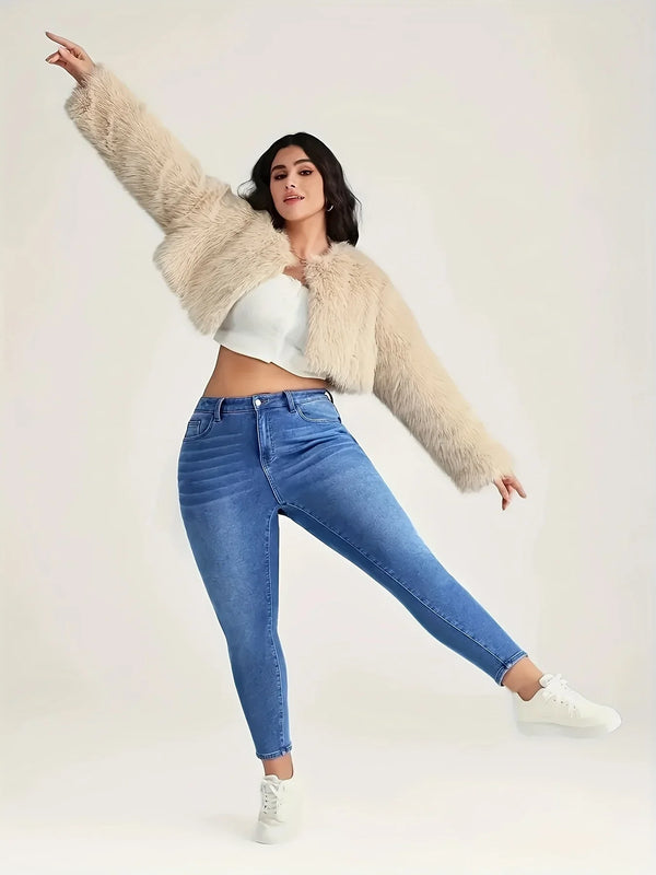 Plus Size Washed Blue Jeans High Waist