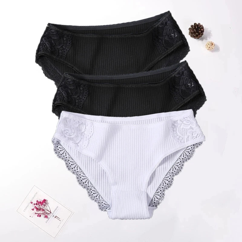 Floral Lace Cotton Panties Underwear Comfortable Lingerie 3PCS/Set
