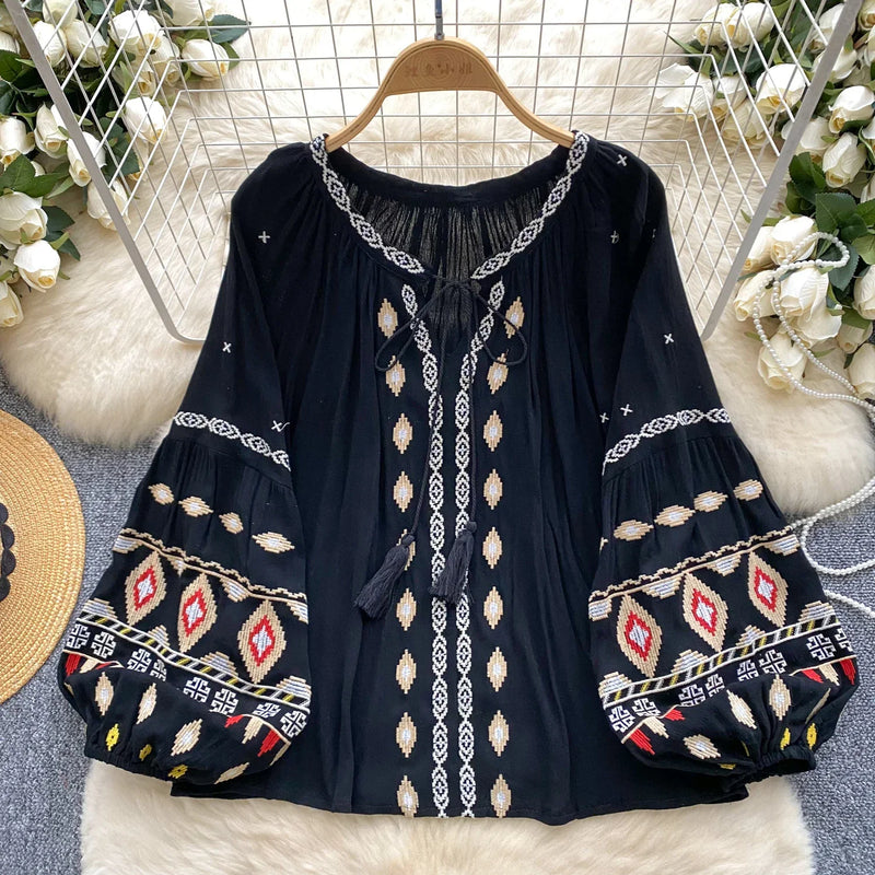 Chic Casual Puff Embroidered Lantern Sleeve Long