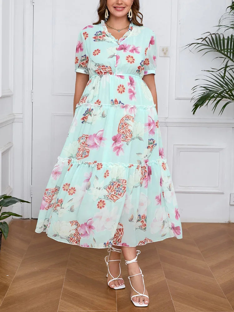 Plus Size Floral Elegant High Waist Chiffon