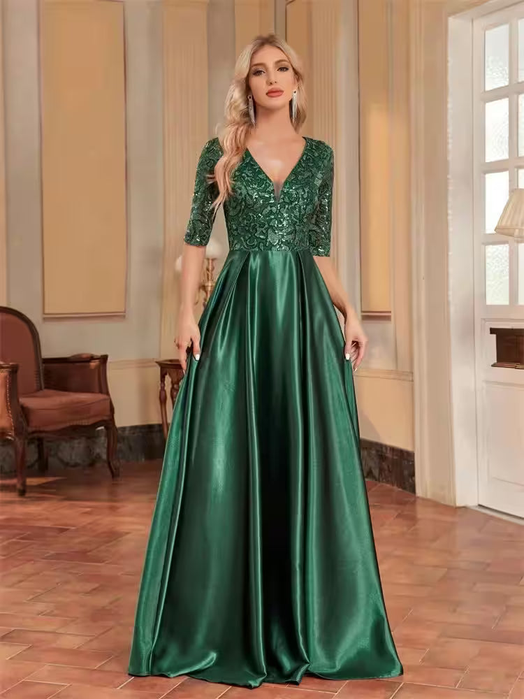 Luxury Short Sleeve Green Satin V-Neck Dress - Additional View 6