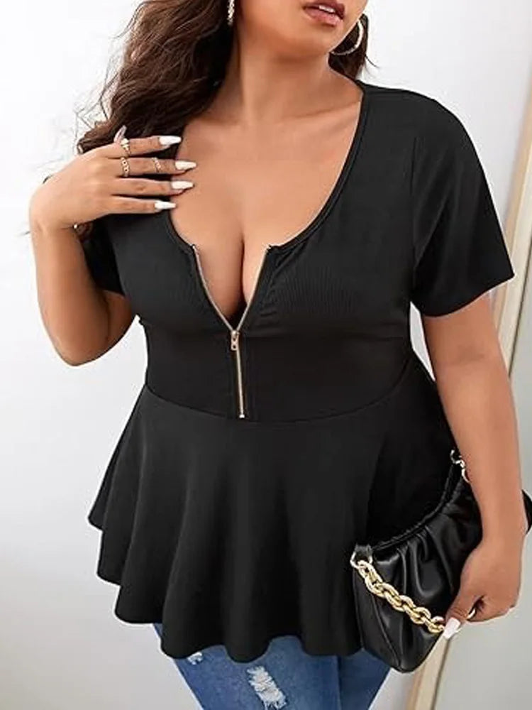 Plus Size Solid Zip Front Peplum Casual T-Shirt Tops
