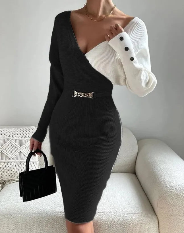V-neck Splice Fashion Slim Fit Sexy Dress
