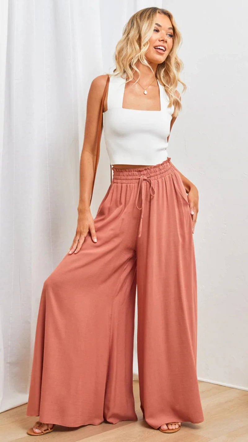 Wde  Leg Pants With Elastic Waistband