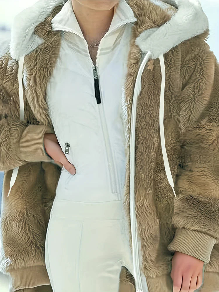 Jacket Plush Zipper Pocket Hooded Long Sleeve