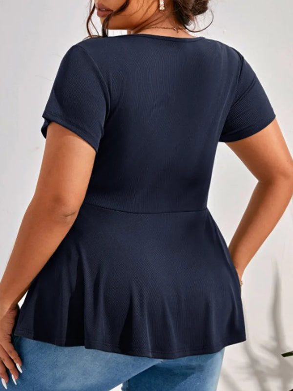 Plus Size Solid Zip Front Peplum Casual T-Shirt Tops