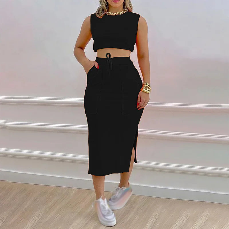 Skirt Set Solid Round Neck Short Sleeveless Top
