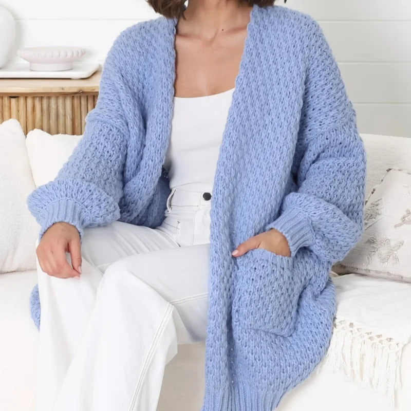 Plus size front chunky knitted pocket cardigan sweater