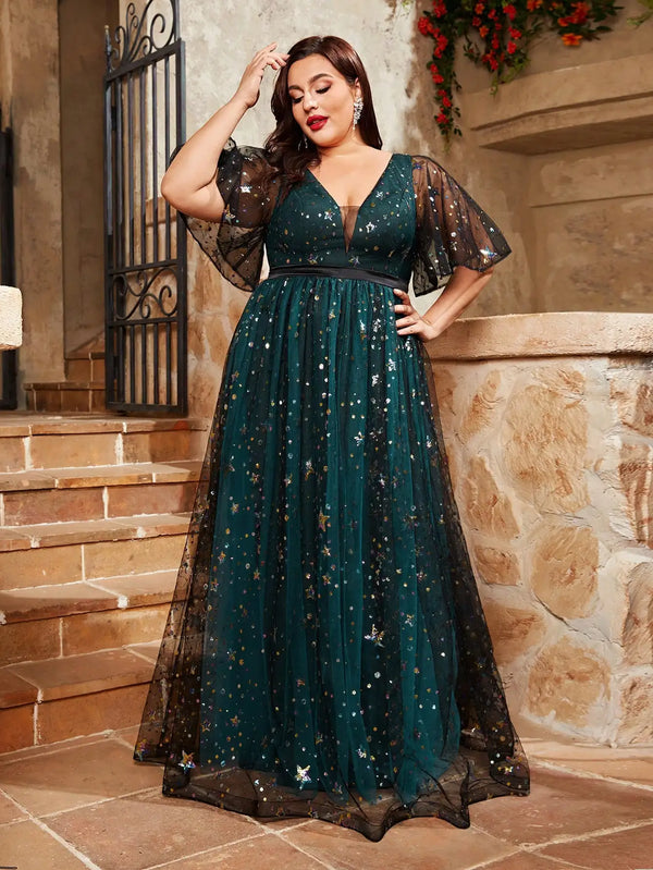 Plus size V-neck sequin embroidered Party dress