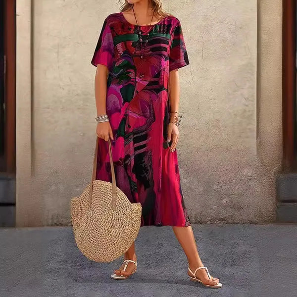 Dress O-neck Short Sleeve Loose Fashion Casual Print