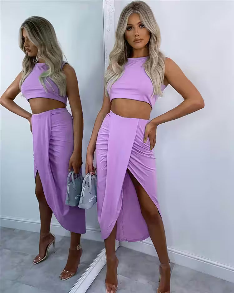 Crop Tank Top & Ruched Asymmetrical Hem Split Skirt Set - Additional View 10