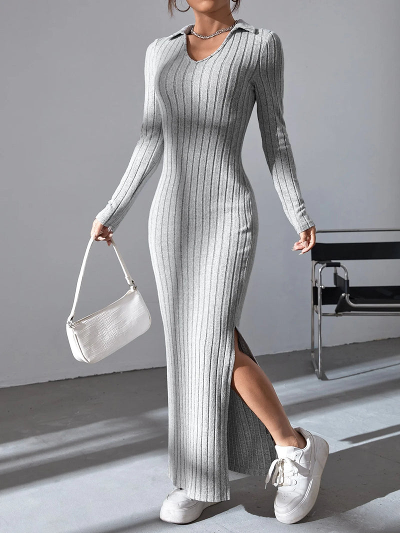 Sexy knit V-neck reverse neck split dress autumn winter
