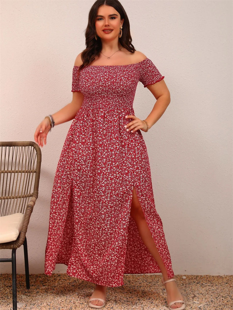 Plus Size Ditsy Floral Print Off Shoulder Dress