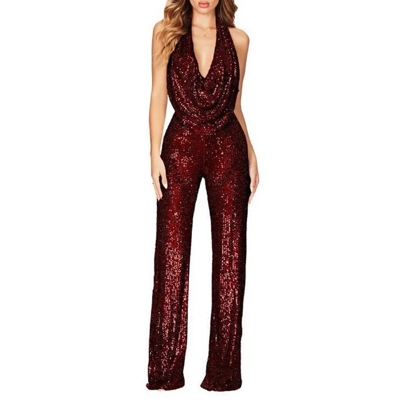 Sexy Folds Deep V-neck Sequin Jumpsuits Slim