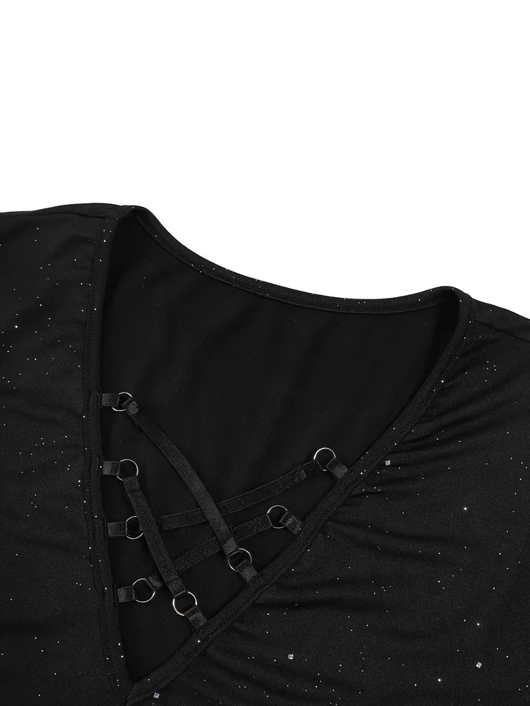 Plus Size Glitter Criss Cross Deep V Neck Long Sleeve
