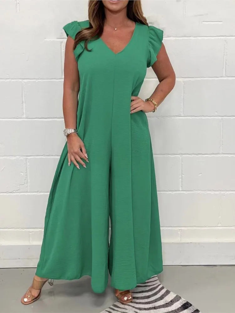 Ruffled Wide-leg Trousers Solid Casual Jumpsuit
