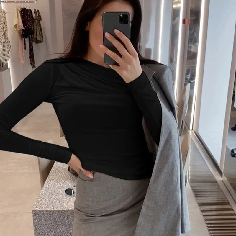 T-Shirts Basic Crop Top Autumn Pollover Solid Skew Neck