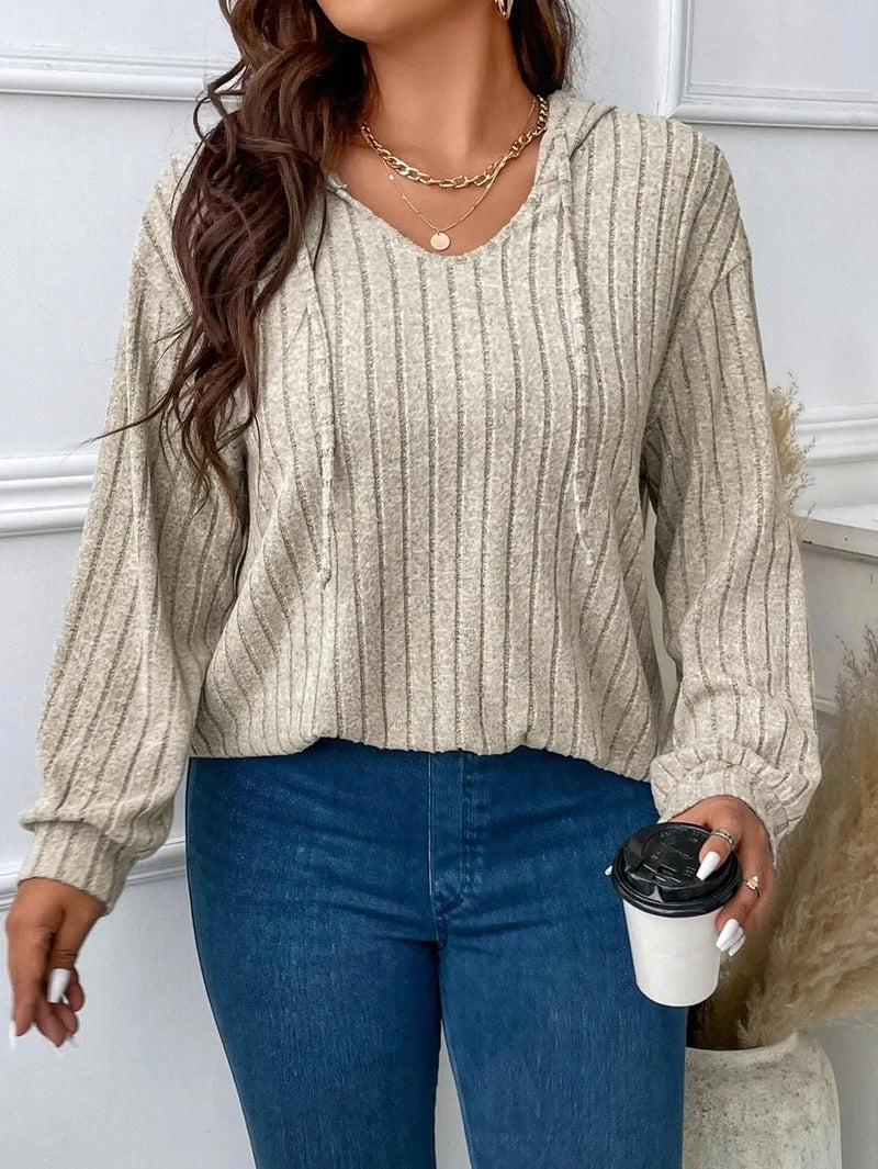 Plus Size Top V-neck Hooded Long Sleeved