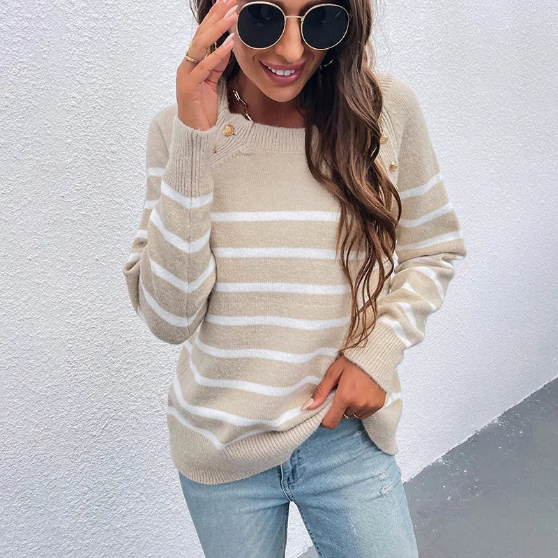 Striped Pullover Shoulder Button Sweater